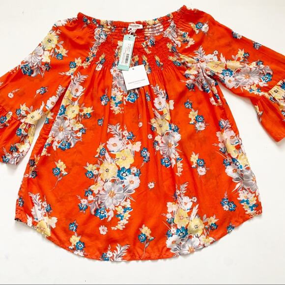 beachlunchlounge Latoya Tangerine Floral 3/4 Bell Sleeve Peasant Top Small NEW - Picture 15 of 15